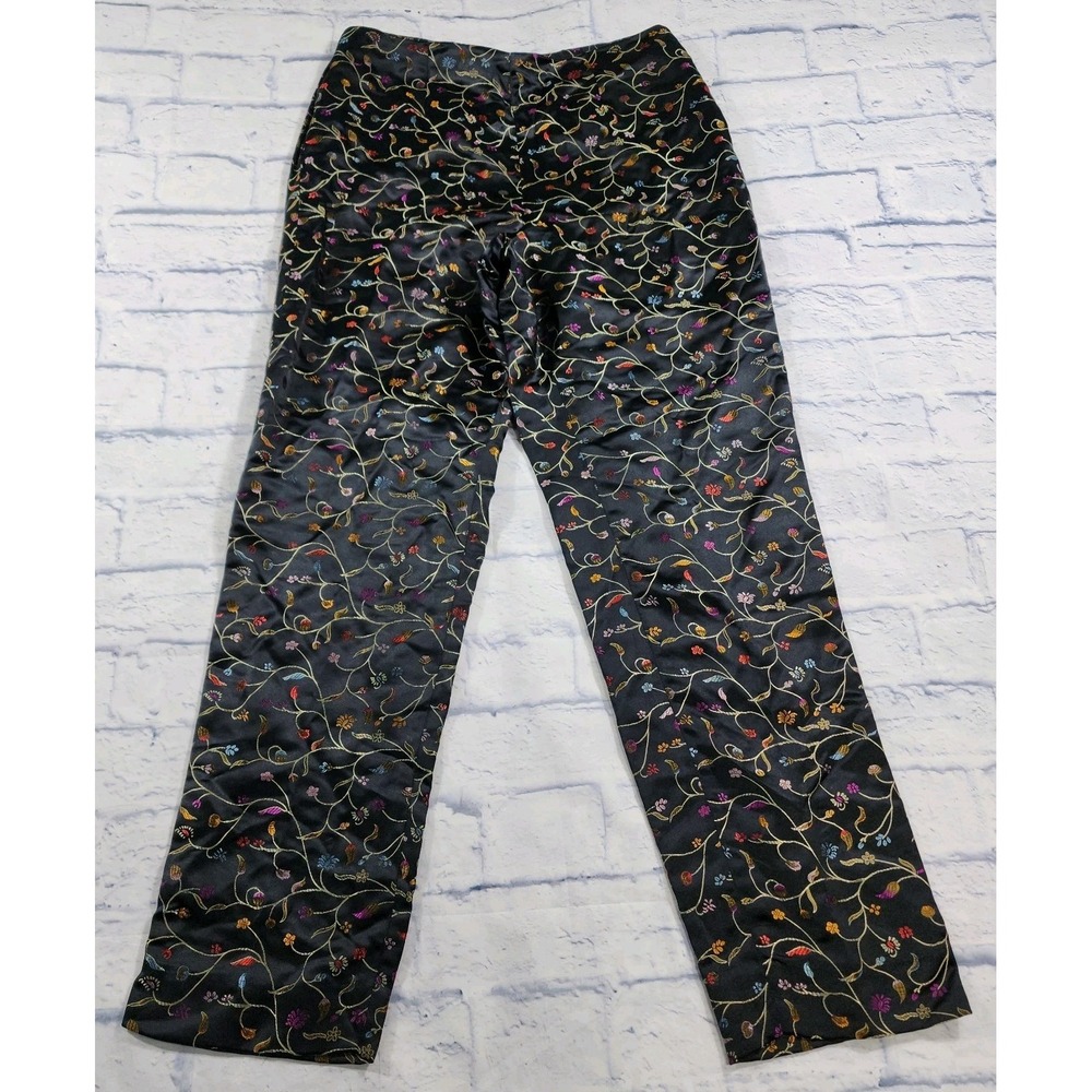 TAO Pants WOMENS 12 Black Floral Embroidere Satin VINTAGE 90s MADE IN USA